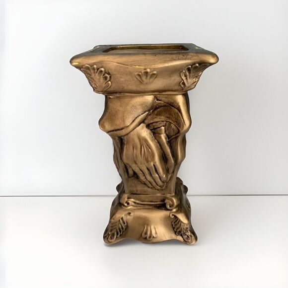 Vintage Ceramic Praying Hands Vase or Candle Stand Gold Hand Painted 1974 Signed - Picture 4 of 11